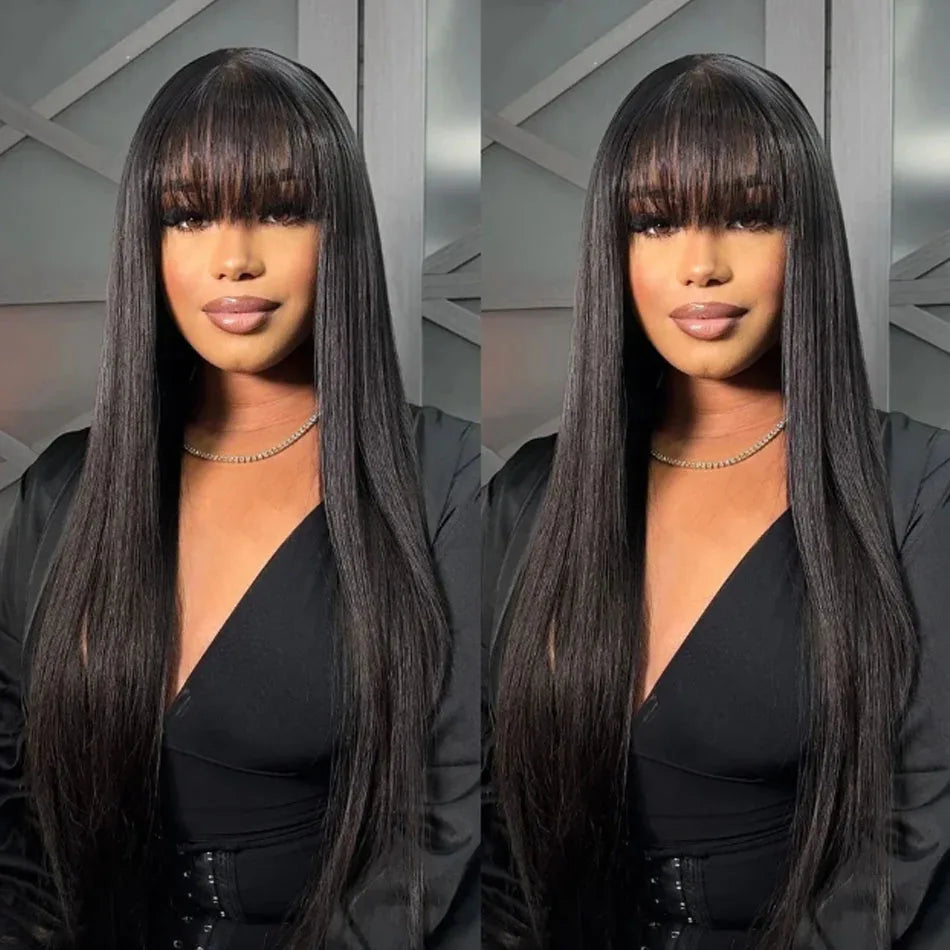 Natural Black Bone Straight Human Hair Wig Bangs 30Inch Glueless Brazilian, 3x1