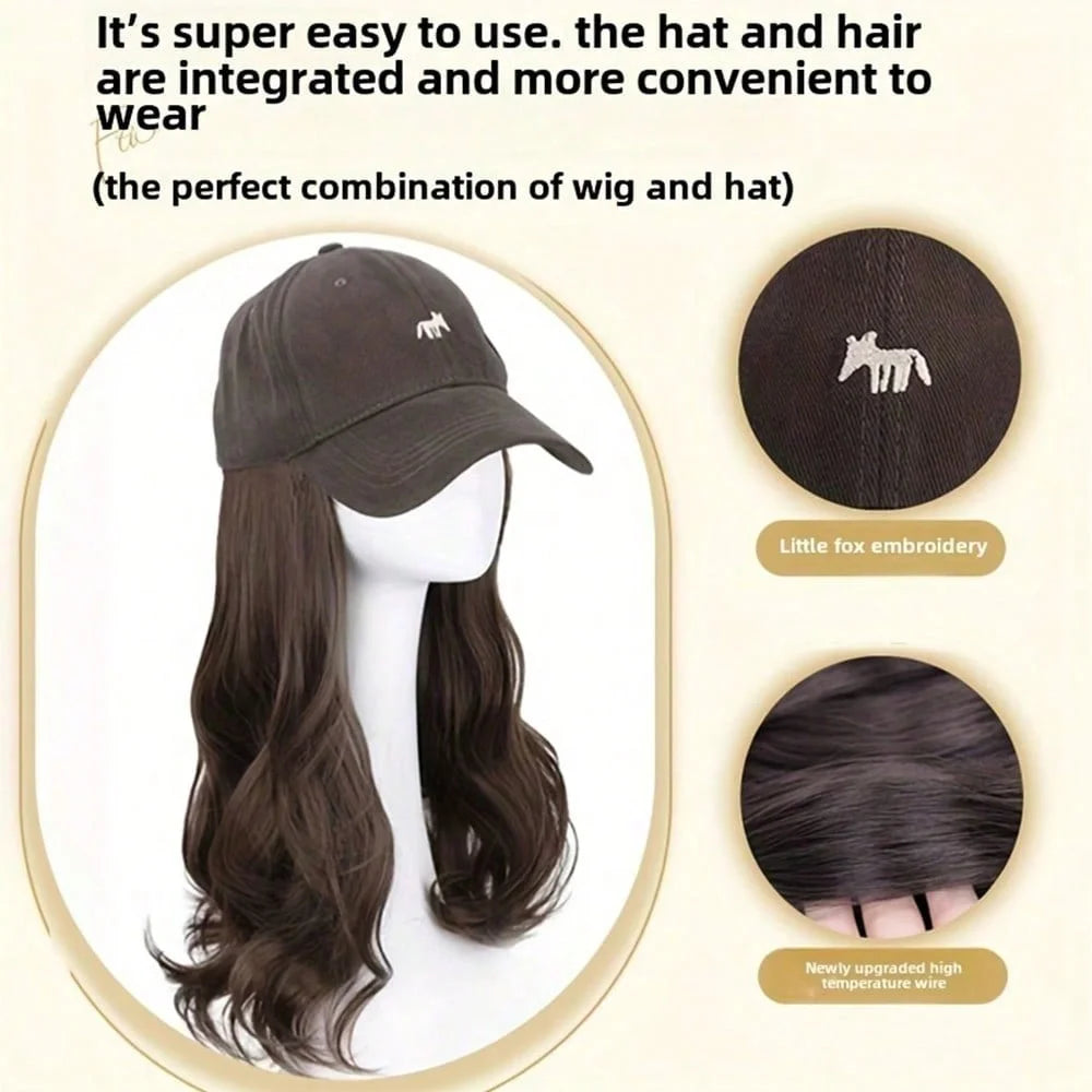 Synthetic Wavy Hat Wig Hair Extensions Hairpiece Brown Baseball Cap Long Adjustable