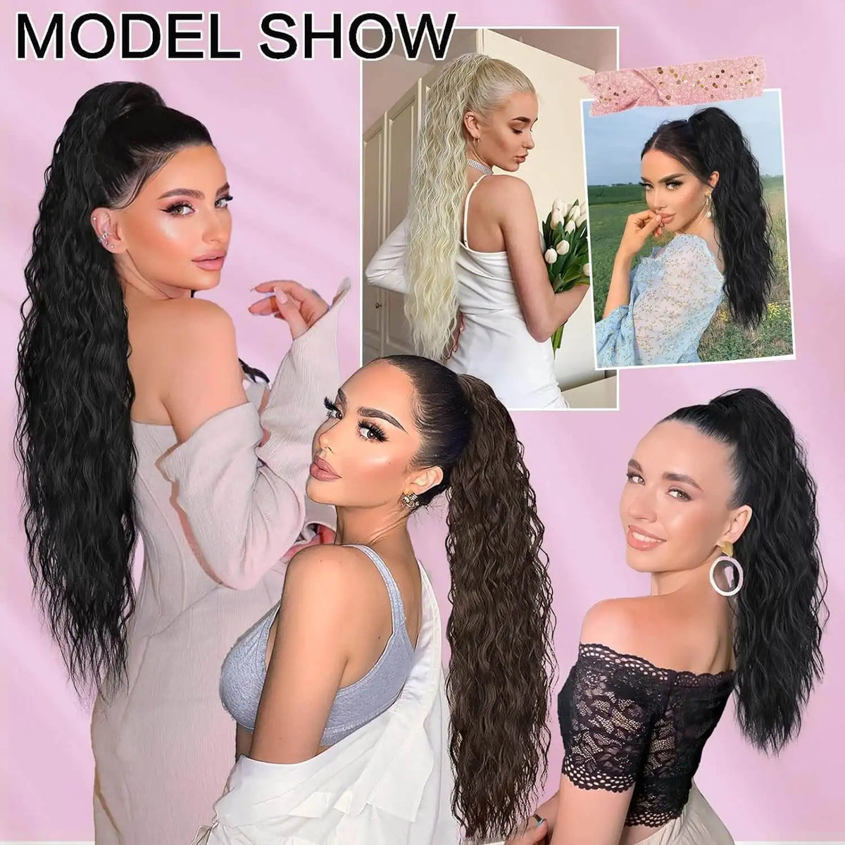 26inch Synthetic Long Curly Wavy Ponytail Extension Drawstring Ponytail Hair Extensions Hairpiece for Party