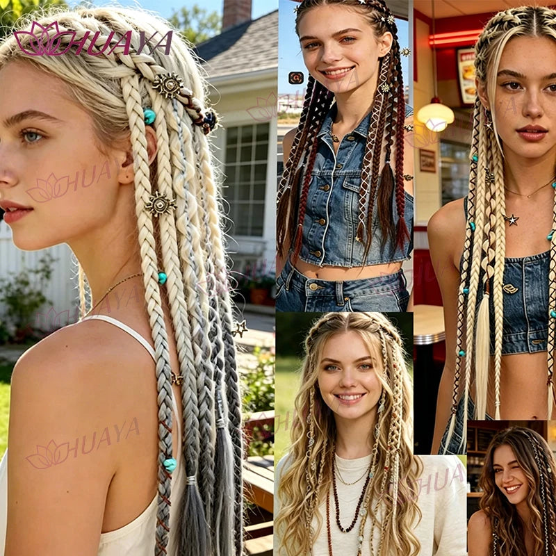 Hand-Braided Synthetic Fiber Water-Drop BB Clip-In Hair Extensions, 2 Pieces Per Set, 20-Inch Bohemian Beaded Braids, Versatile
