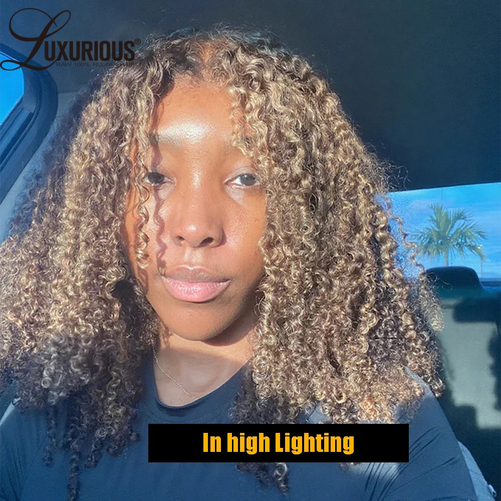 Highlight Ombre Honey Blonde Human Hair Wig 4c Edges, 13x4 Bouncy Curly
