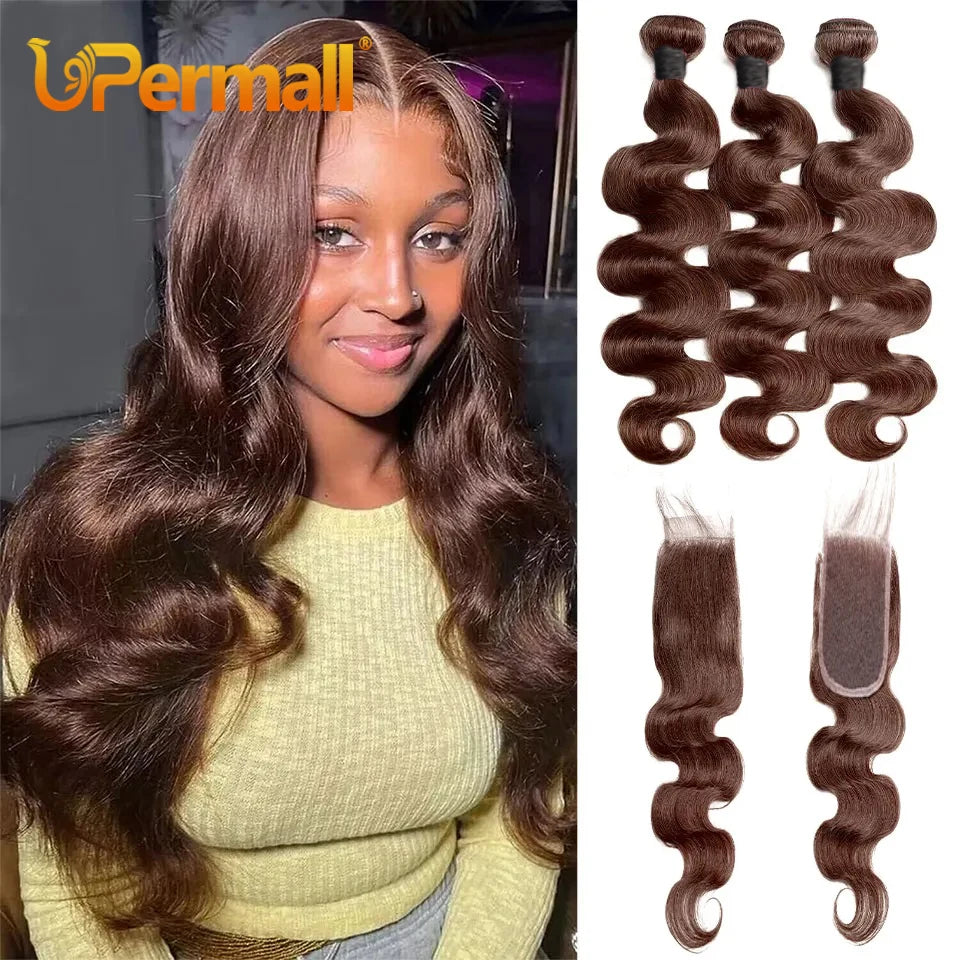 Chocolate Brown 2/3/4 Human Hair Bundles Closure Kim K, 2x6 Straight Body