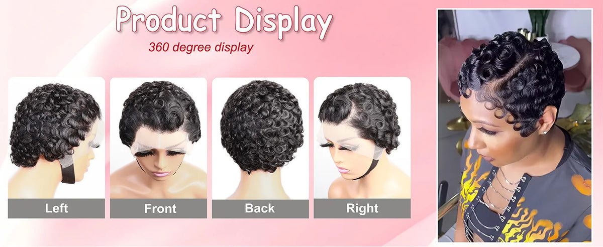 Curly Pixie Cut 13x4 Lace Front Wig, Human Hair, Short Layered Glueless Wig, Pre Plucked with Bangs, Natural Black