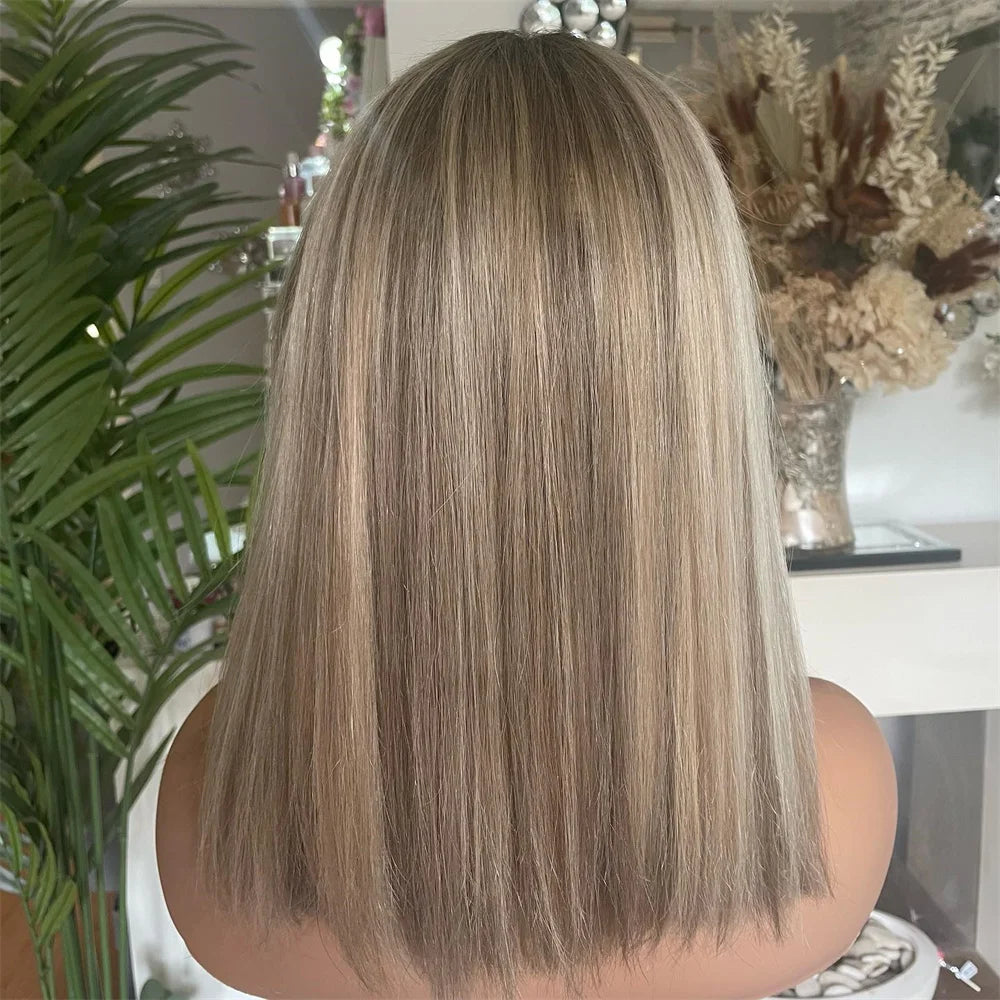 Transparent Lace Wig Highlight Ash Blonde Synthetic Fibre Short Bob Preplucked, 13x4