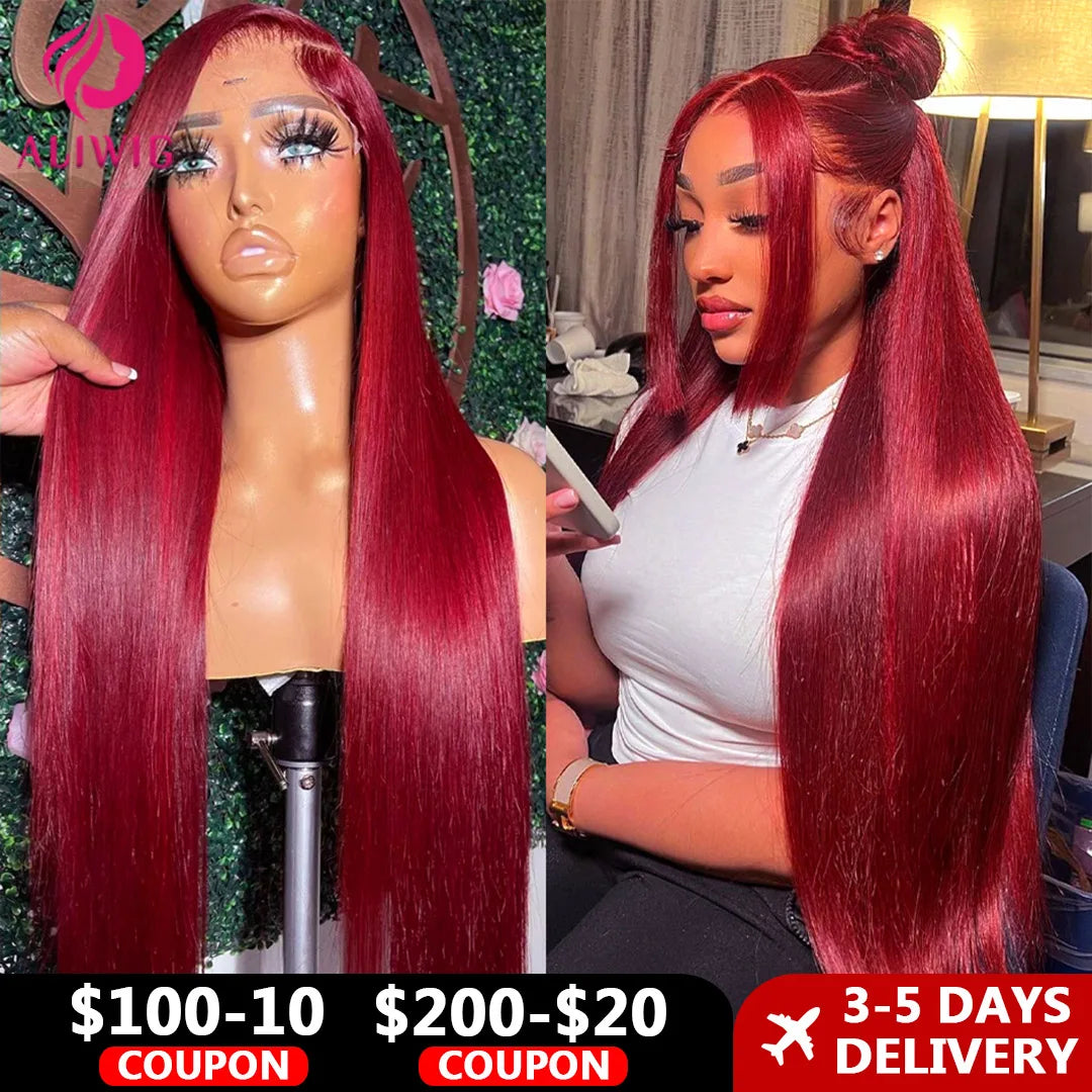 13x6 Peruvian Straight Hair HD Lace Front Wig Human 99J Burgundy Pre-plucked