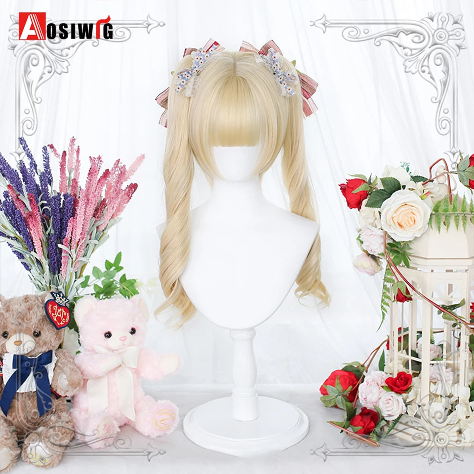 Blonde Twin Ponytail Princess Cut Natural Short Hair Synthetic Wigs Bangs Heat