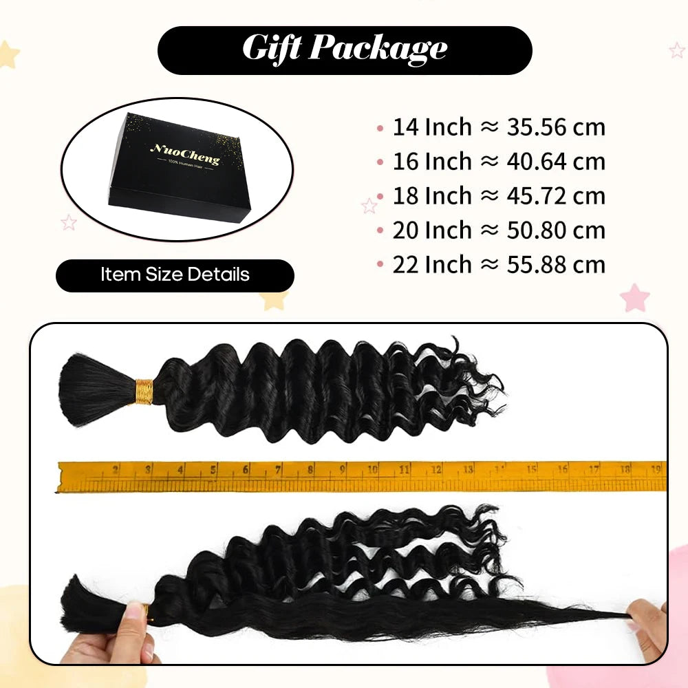 Deep Wave Bulk Human Braiding Hair for Boho Braids - Brazilian Virgin, 14 Inch, 100g (2 Bundles)