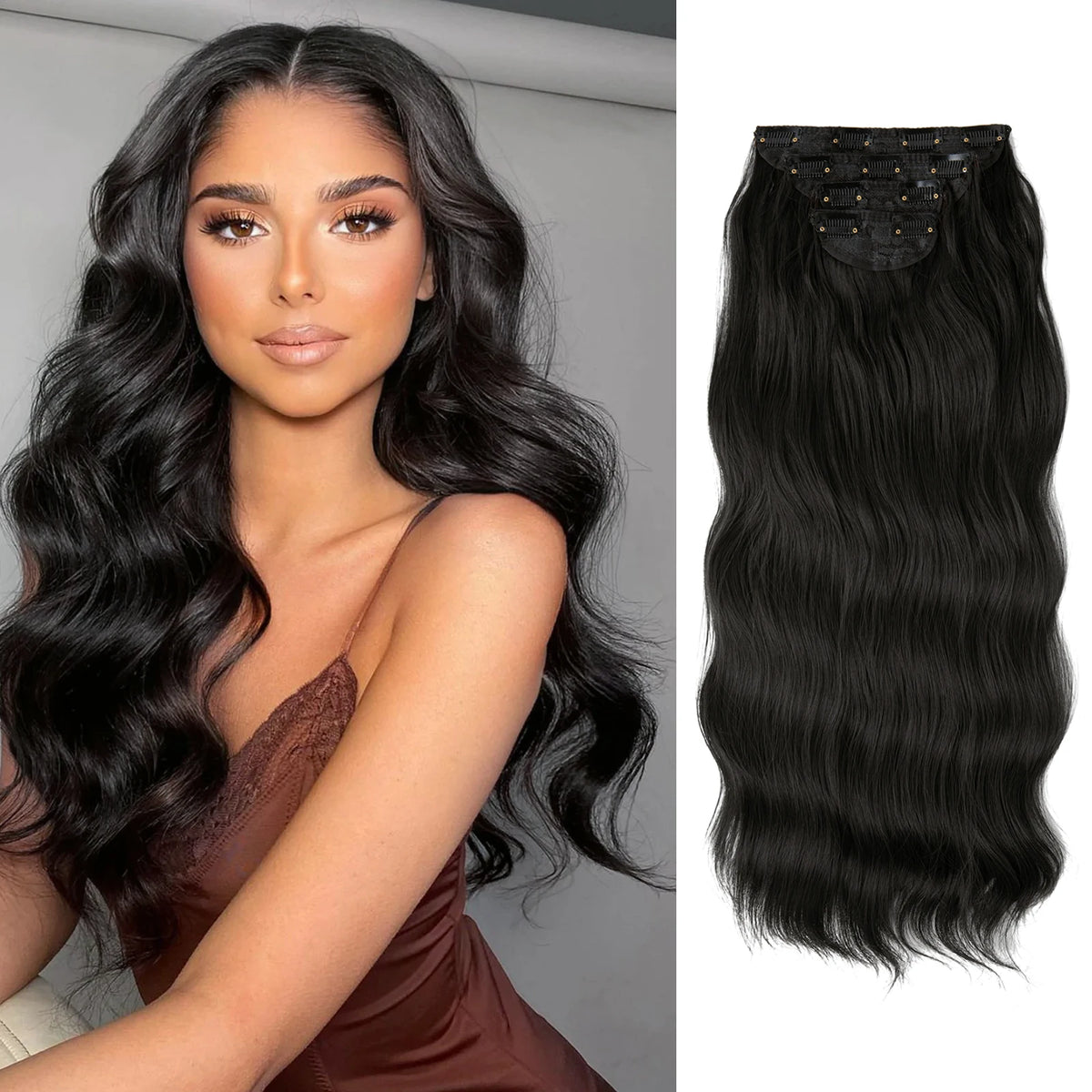 Synthetic Long Wavy Clip in Hair Extensions 22" Thick Hairpiece Brown Blonde