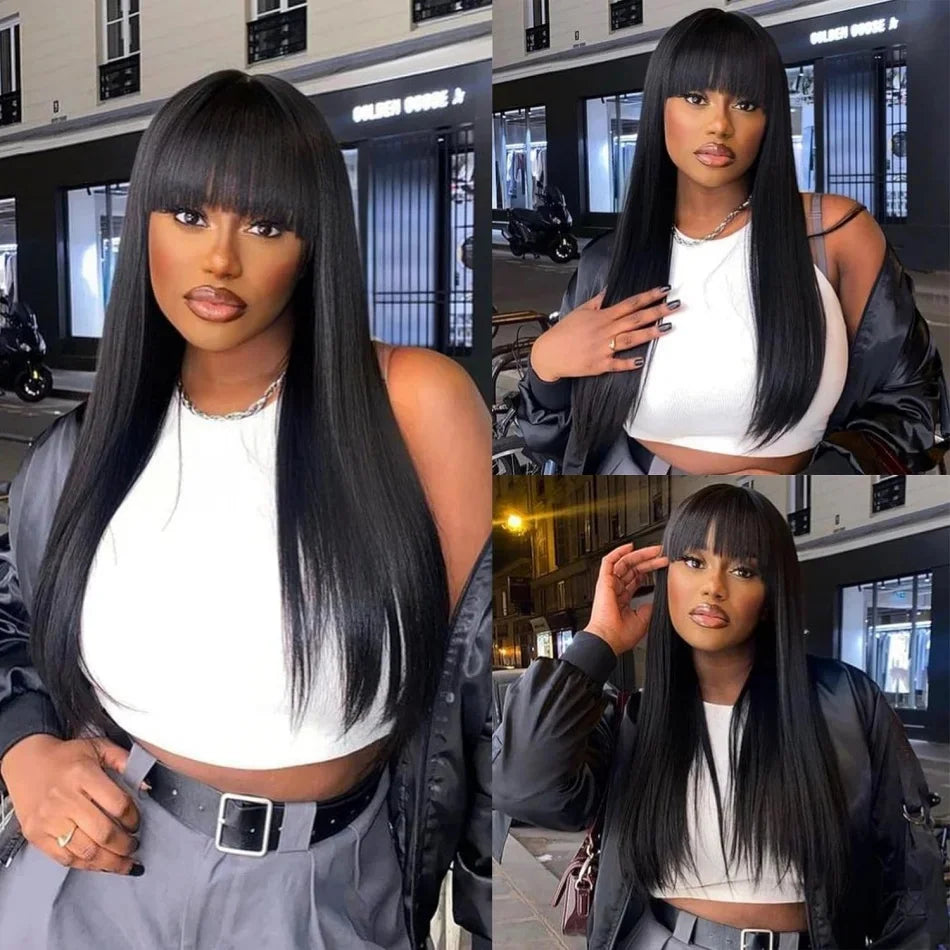 Bone Straight Human Hair Wig Bangs, 3x1 HD Lace Glueless Black Full