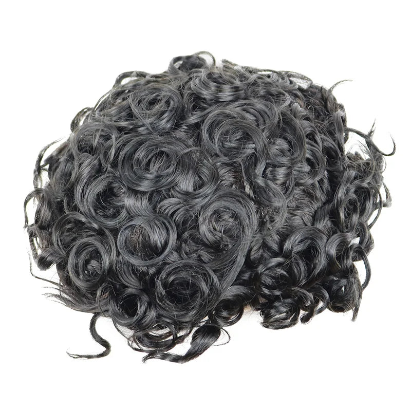 28mm Curly Men's 1B80 Gray Brown Black Human Hair Durable Bond Mono