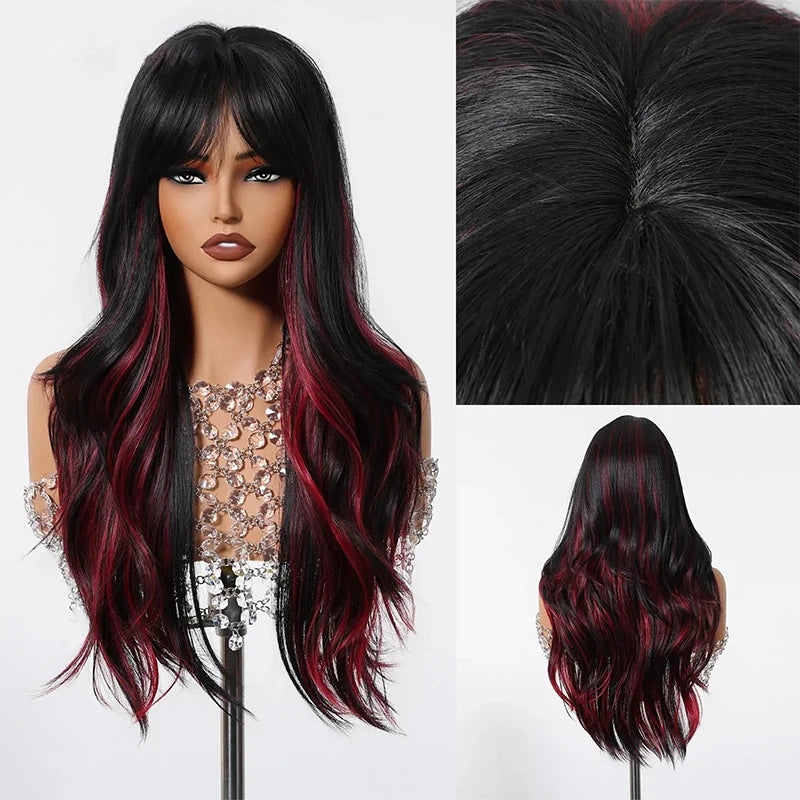 Long Wavy Black Blend Red Wig Bangs Highlight Synthetic Punk Costume Cosplay