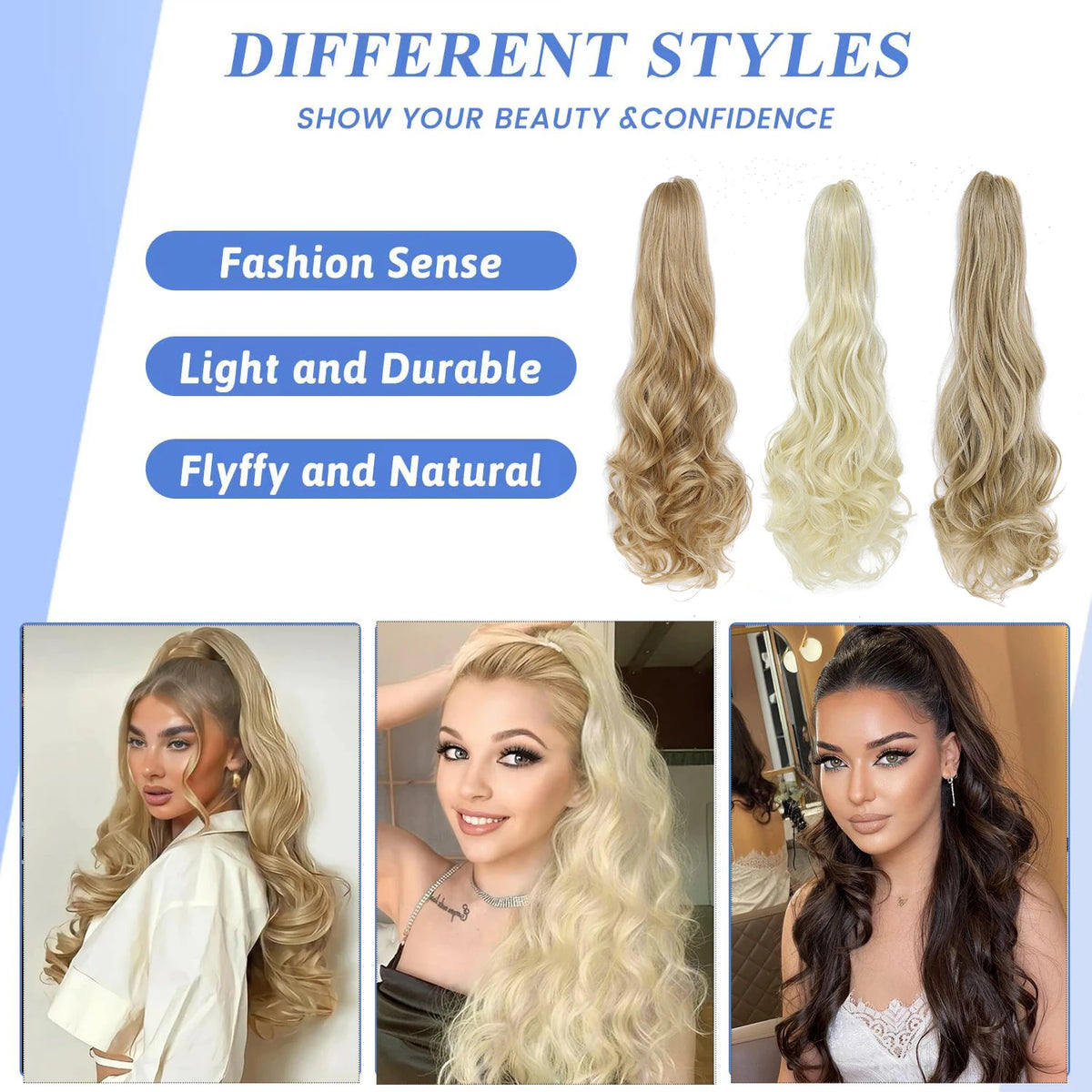 Long Wave Claw Clip Ponytail Extension, Synthetic Heat Resistant False Hair Piece