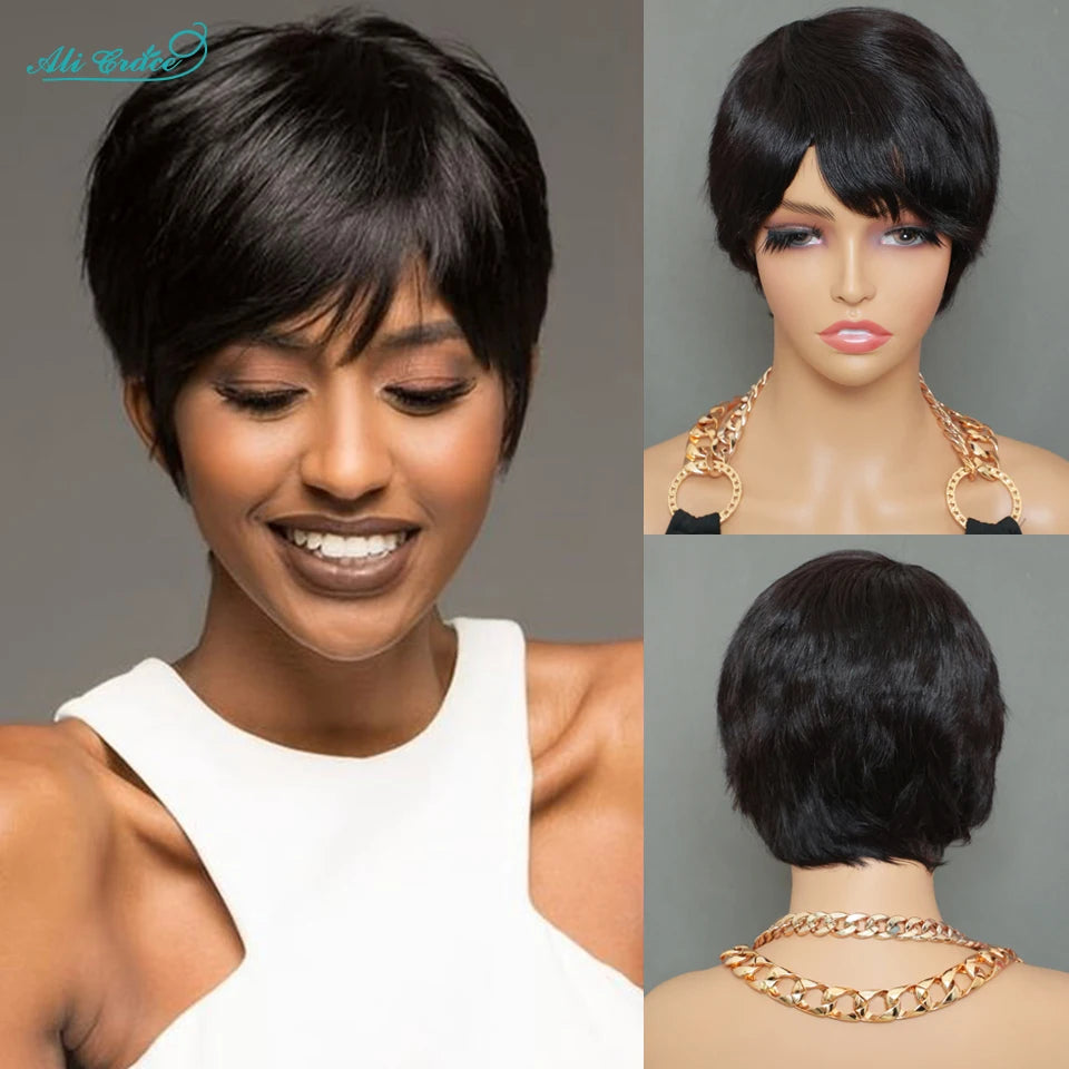 Short Bob Pixie Cut Wigs Straight Human Hair Machine Made Bangs Brazilian