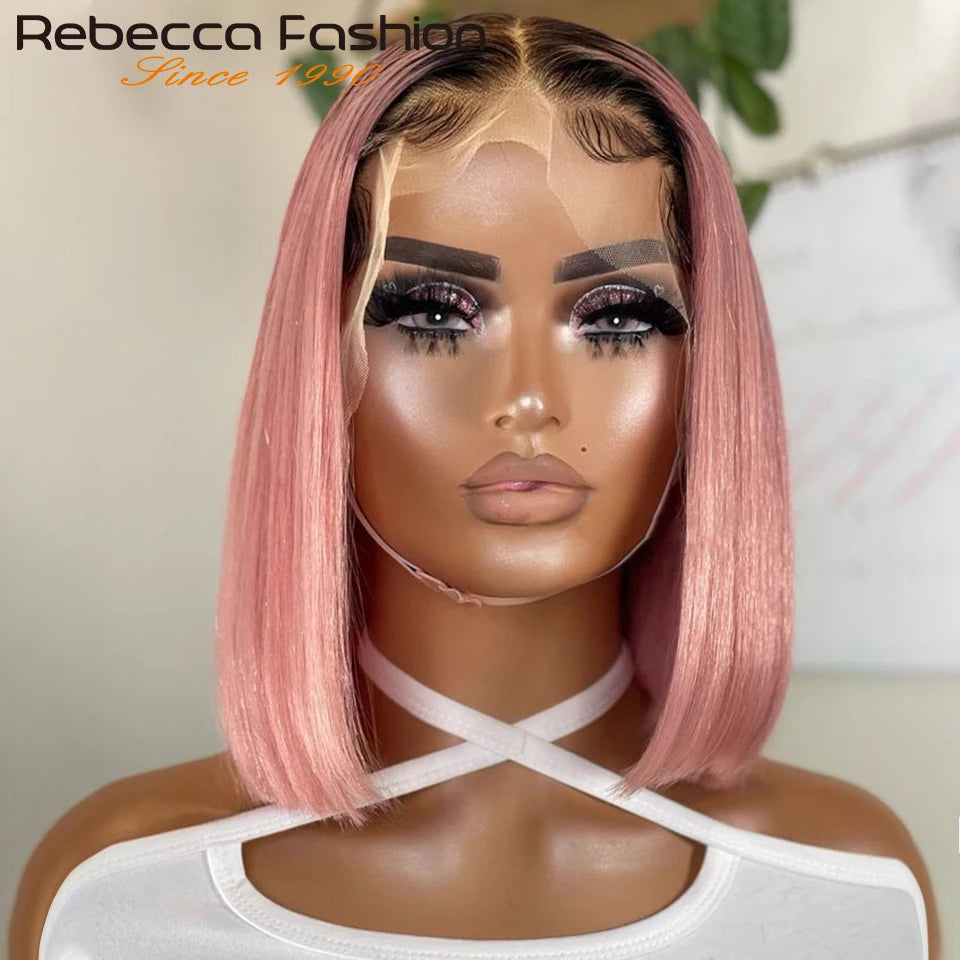 Short Cut Colored Pink Bob T Part Lace Wigs Human Hair 180D
