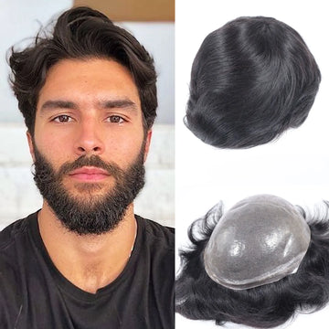 0.08-0.10MM Full Skin PU Toupee V Loop Human Hair Men's Wigs Capillary