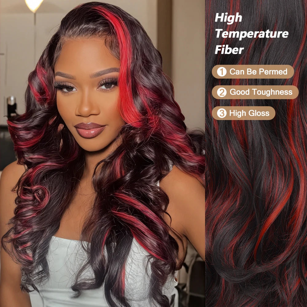 1B/99J Body Wave, 13x4 HD Lace Front Highlight Wig Synthetic Density Ombre