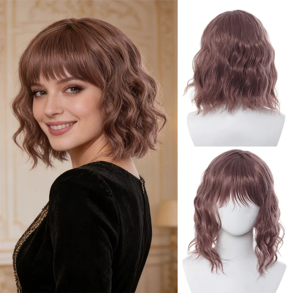 Natural Black Short Curly Wig - Shoulder Length Wavy Bob with Bangs | Synthetic Heat-Resistant Hair