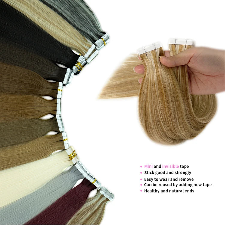 High Quality Tape Hair Extensions Full Ends Straight Hair 18-30 Inch Double Sided Adhesive Tape in Different Colors