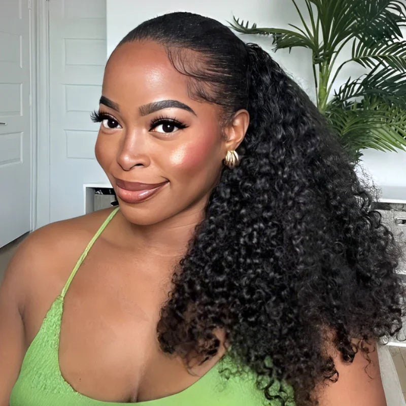 Afro Kinky Curly Human Hair Headband Wig — Glueless 3-in-1 Half Wig, 300% Density