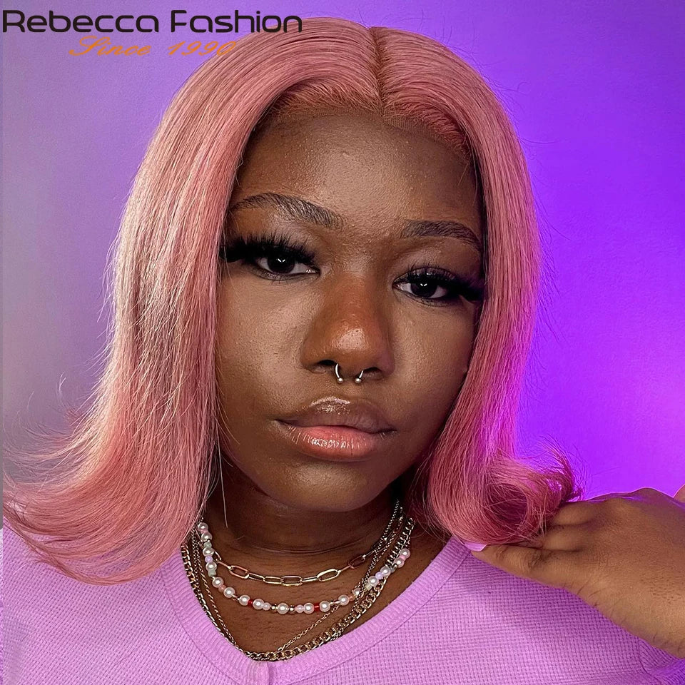 Short Cut Colored Pink Bob T Part Lace Wigs Human Hair 180D