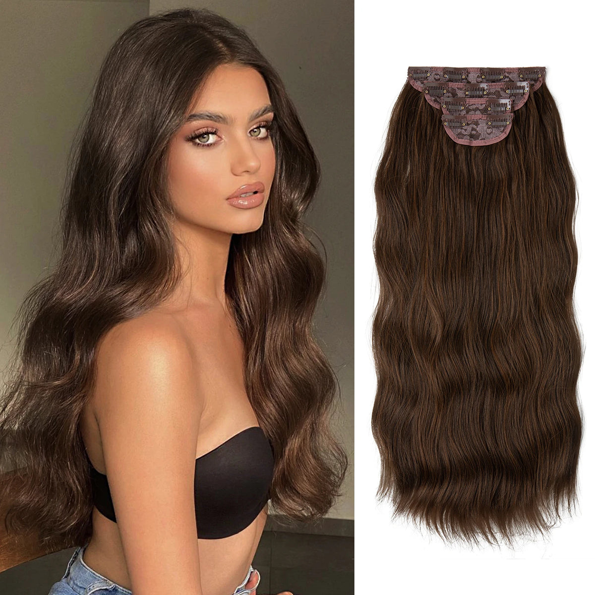 Synthetic Long Wavy Clip in Hair Extensions 22" Thick Hairpiece Brown Blonde