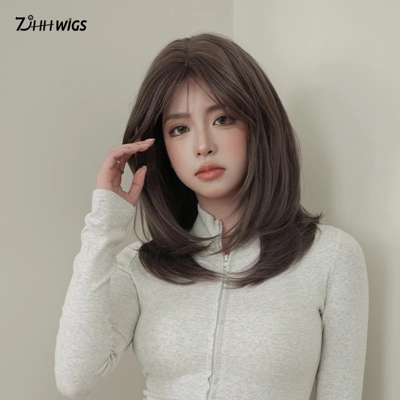 Elegant Wigs Long Straight Gray Purple Curtain Bangs Heat Resistant Synthetic Layered