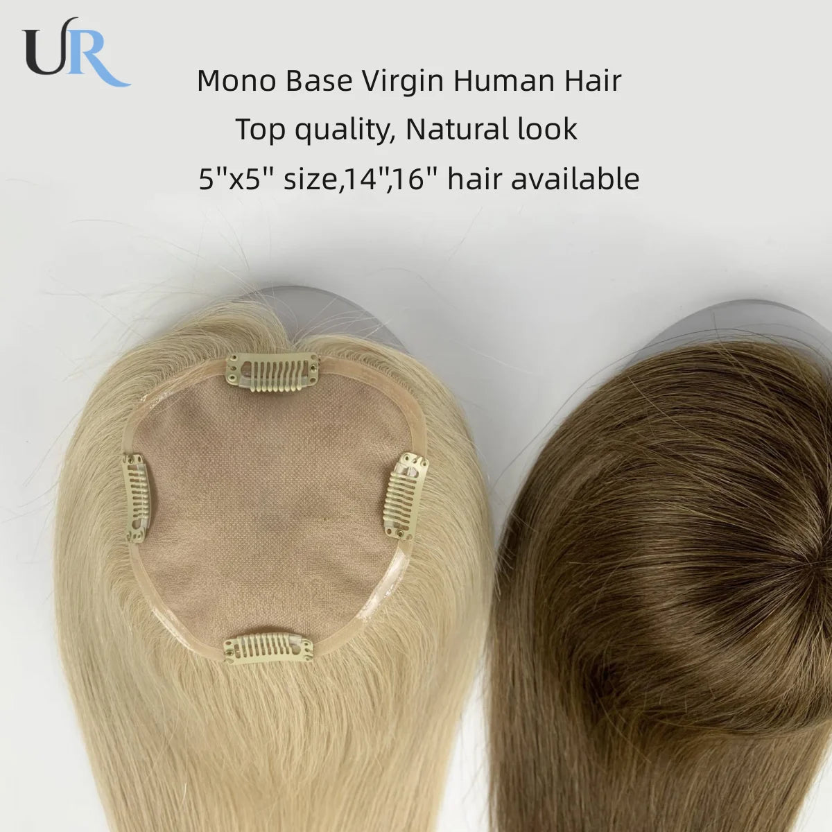 Straight Virgin Human Hair Topper — Mono Base, Clip-In Hairpiece