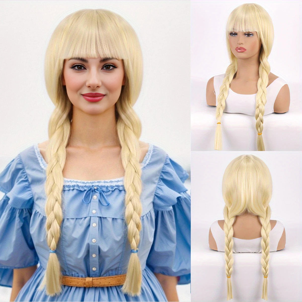 Platinum Pure Bangs Double Braids Synthetic Fiber Heat-Resistant Wig Elegant and Dignified Everyday Lolita Wig