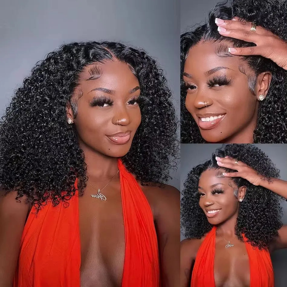 Deep Curly Black Color Short Bob Blunt Cut, 13x4 Lace Frontal Synthetic