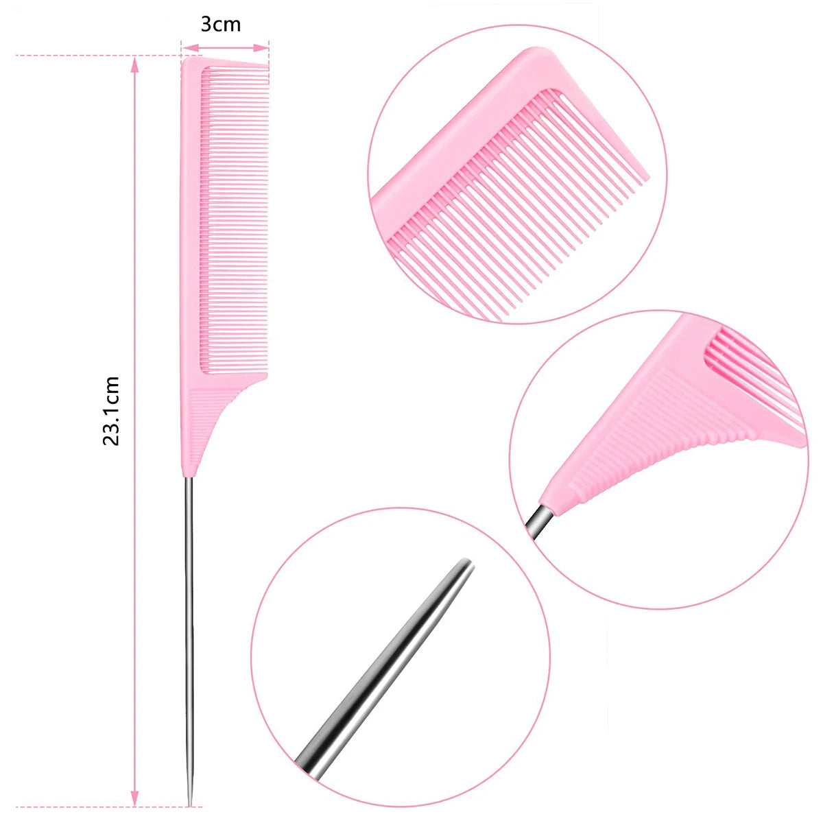 3pcs Professional Pointed Tail Salon Ponytail Comb Anti-Static Hair Comb Steel Needle Mouse Tail Comb
