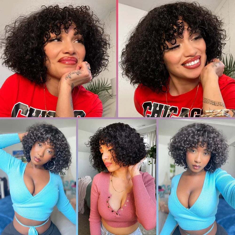 Water Curly 100% Virgin Human Hair Wig Bangs Density Peruvian Full Machine