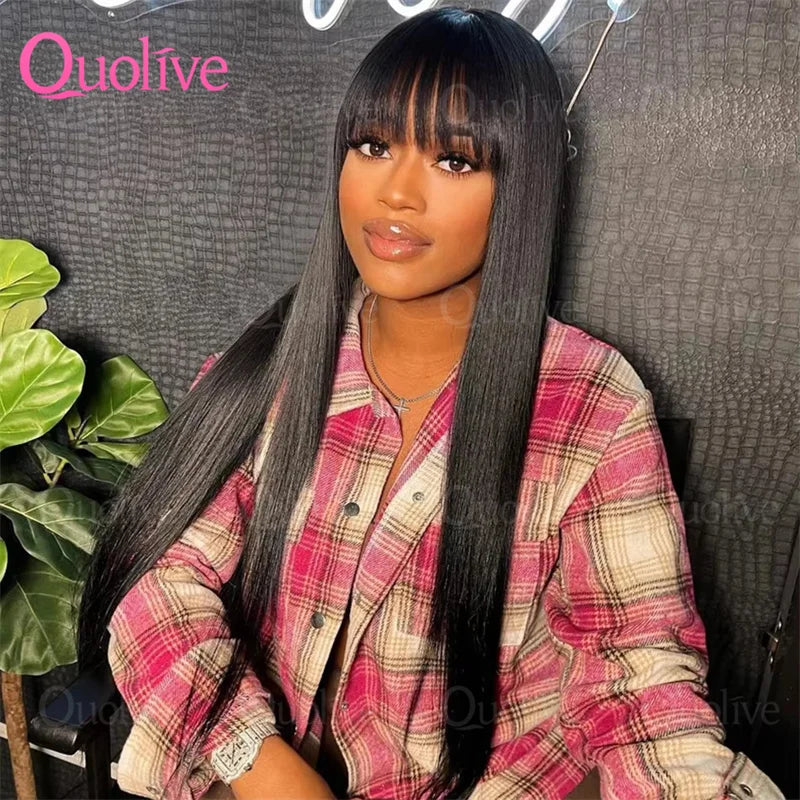 Bone Straight Human Hair Wig Bangs, 3x1 HD Lace Glueless Black Full