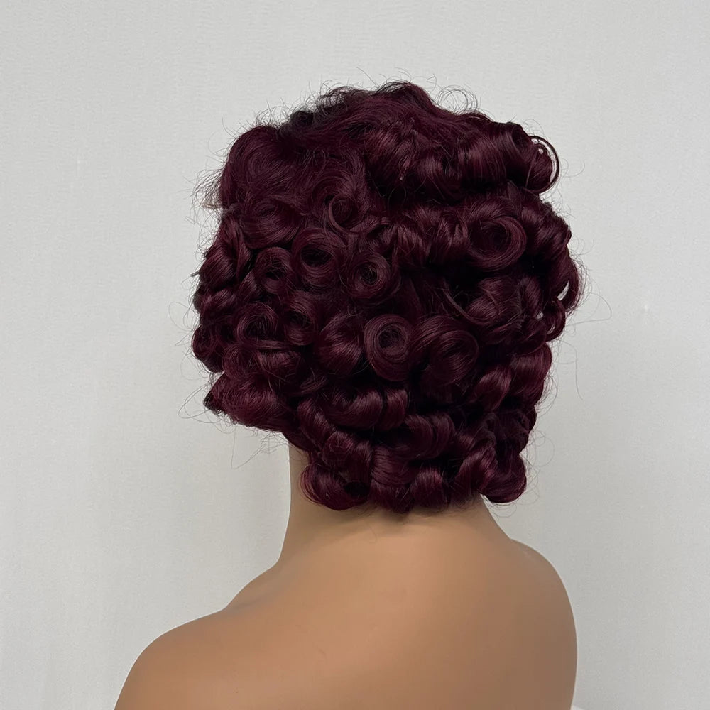 4x4 Lace Closure Wig Short Bouncy Texture Pixie Hair Real Human, 200%