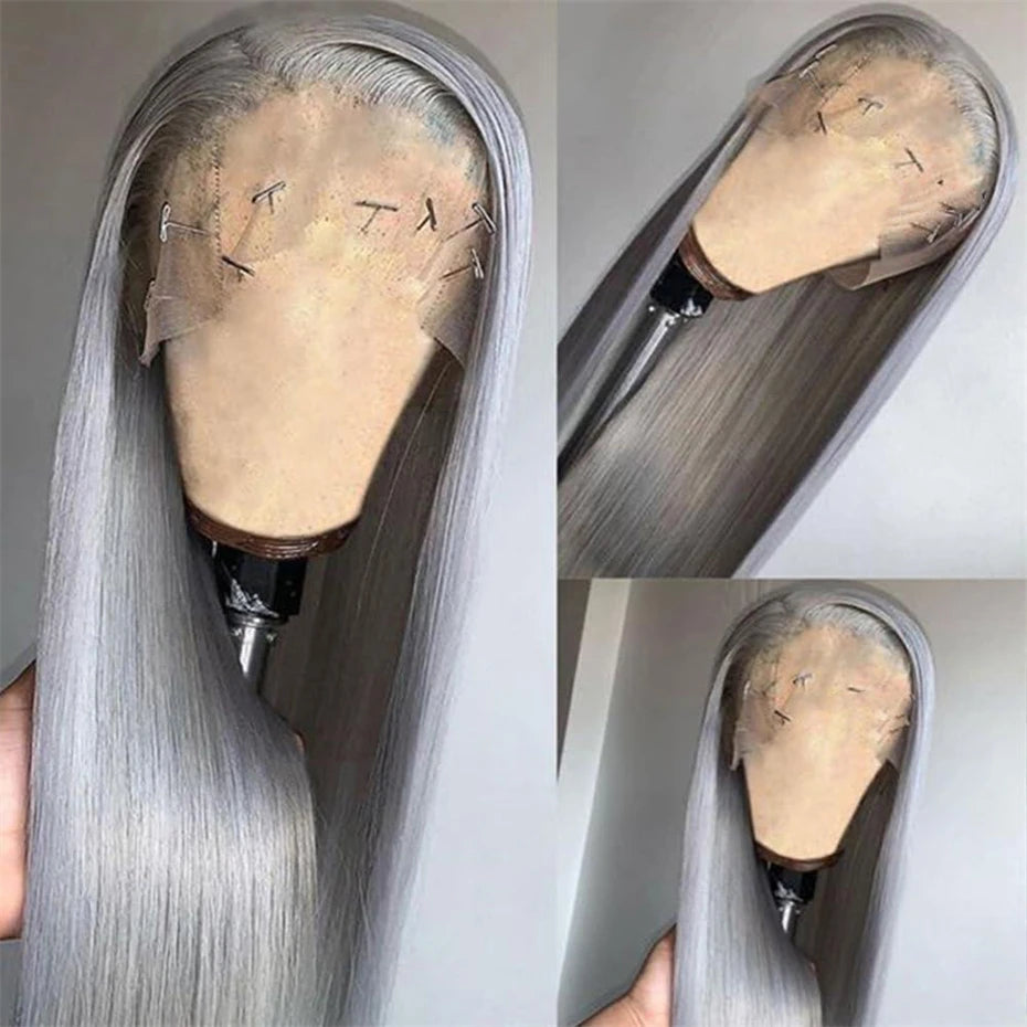 13x6 Silver Grey Straight Lace Front Human Hair Wigs Pre Plucked 613