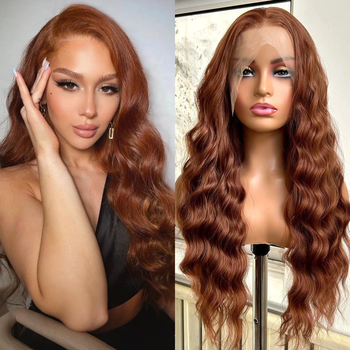 Ginger Brown Wig Long Curly Wavy Synthetic Middle Part Loose Deep Wave