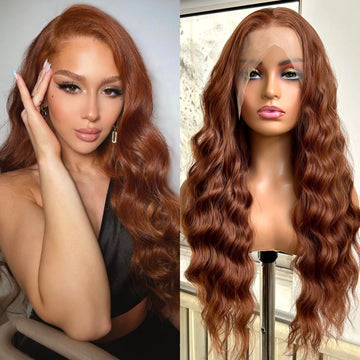 Ginger Brown Wig Long Curly Wavy Synthetic Middle Part Loose Deep Wave