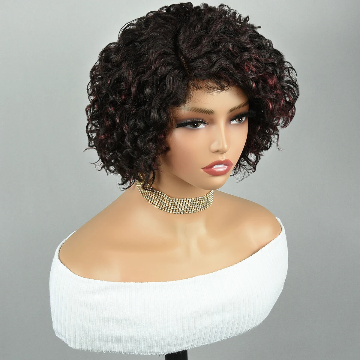 Brown Curly Pixie Cut Wigs Part Lace Human Hair Jerry Closure 8Inch