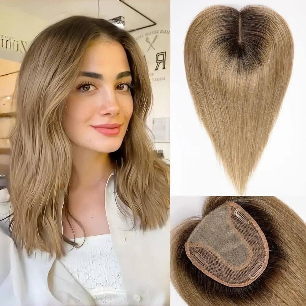 Straight Real Human Hair Topper No Bangs 5"*5.5" Base Brown Blonde Highlights