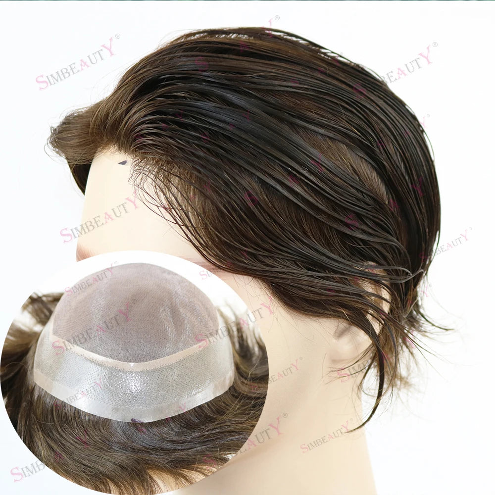 Durable Wig Human Hair Toupee Mono Lace Top Skin PU Base Hairpieces