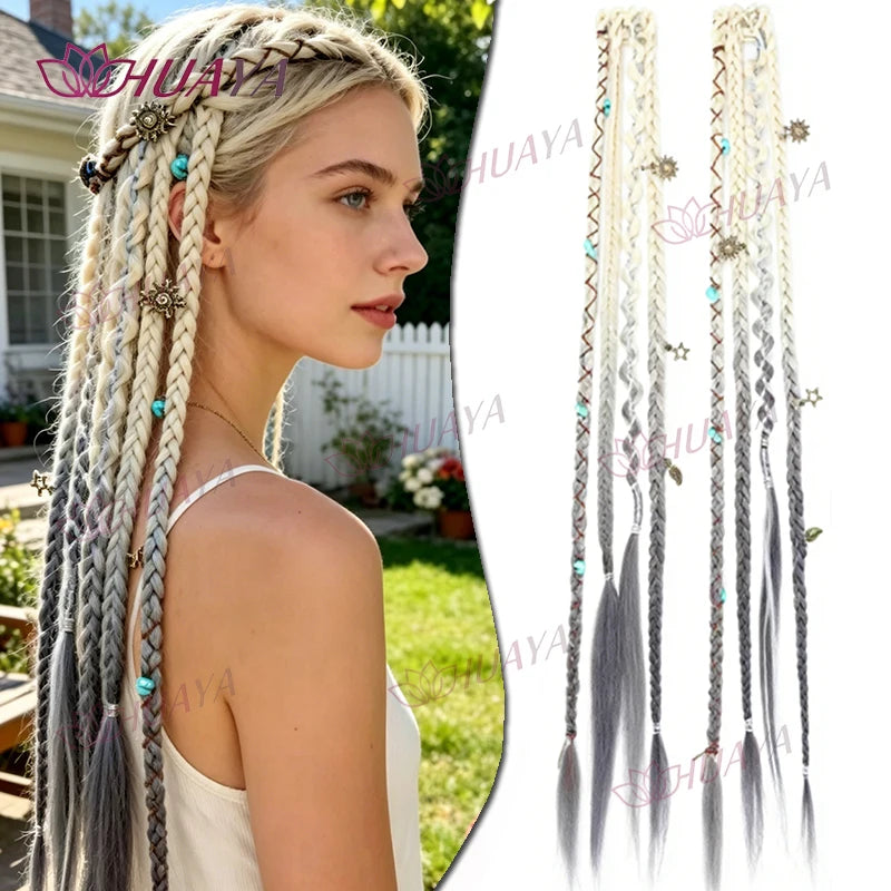 Hand-Braided Synthetic Fiber Water-Drop BB Clip-In Hair Extensions, 2 Pieces Per Set, 20-Inch Bohemian Beaded Braids, Versatile