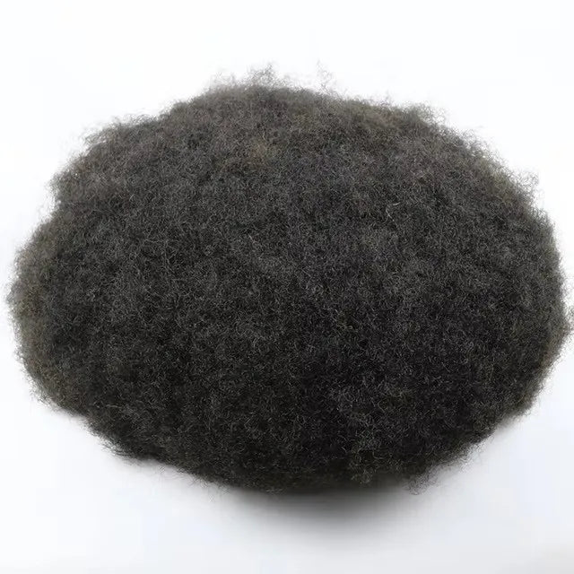 Grey Mix Black Men's Afro Tight Curly Toupee, Full PU, Indian Human Hair