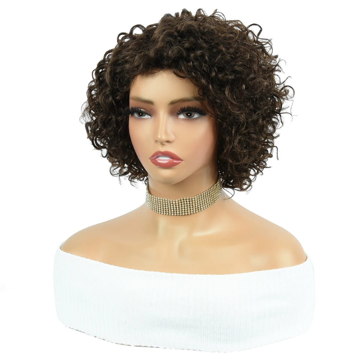 Brown Curly Pixie Cut Wigs Part Lace Human Hair Jerry Closure 8Inch