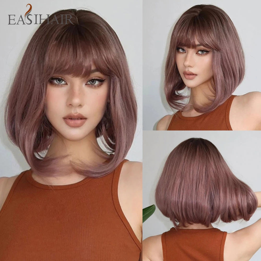 Short Straight Synthetic Wigs Bangs Dark Brown Black Bob Daily Cosplay Party