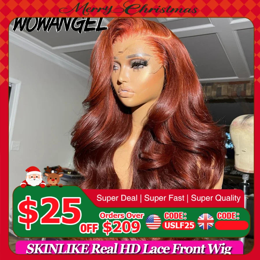Reddish Brown Body Wave Human Hair 13x6 HD Lace Frontal Wig, 250% Density, Pre-Cut, Copper Red