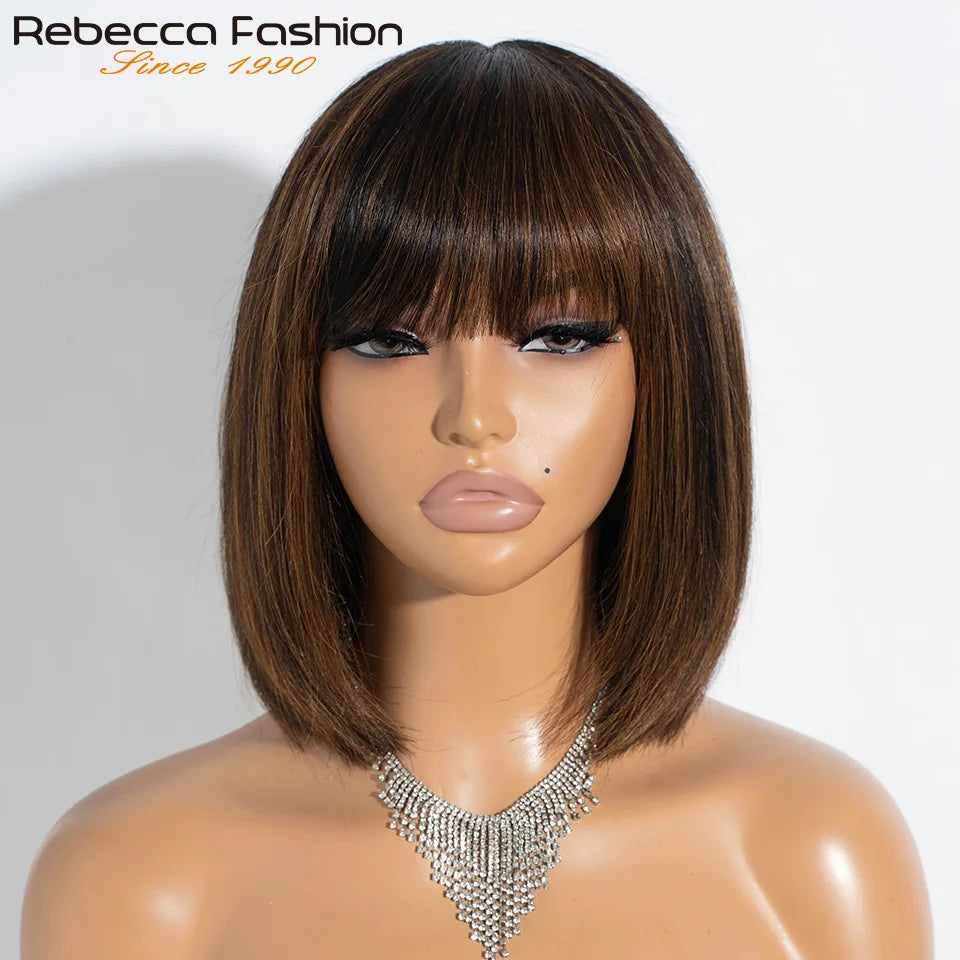 Straight Human Hair Bob Lace Wig with Bangs - Fringe Middle Part, Realistic Scalp, Brazilian
