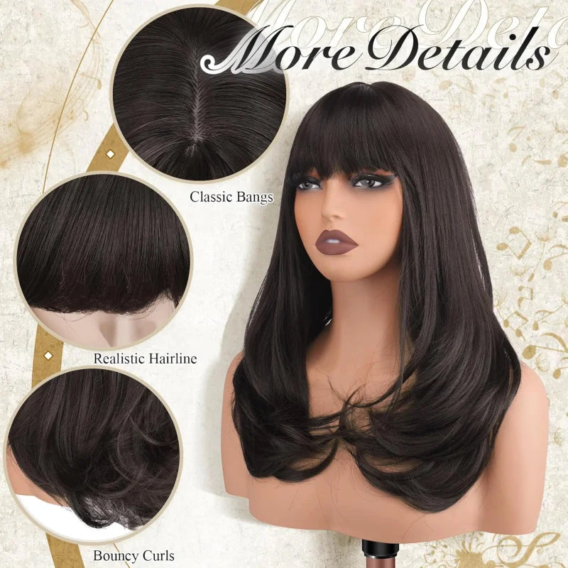 Brown Long Straight Wigs With Bangs, Synthetic Natural Looking Layered Straight Hair Wig Daily Party Use 18 Inch