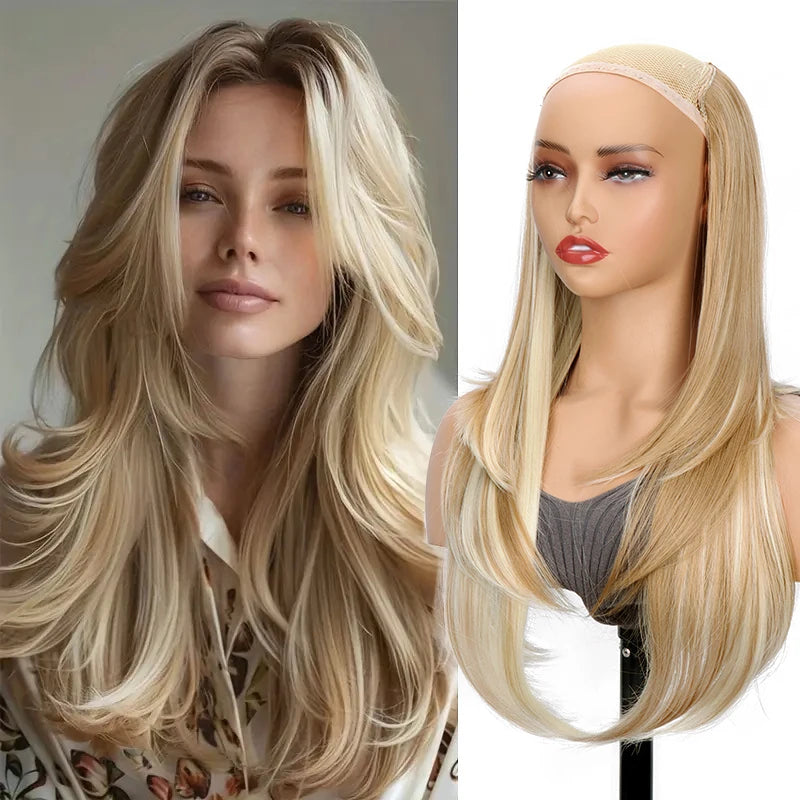 22Inch Synthetic Long Straight Layered Clip-in Hair Extension V-shaped Black Blonde Invisible Hairpiece