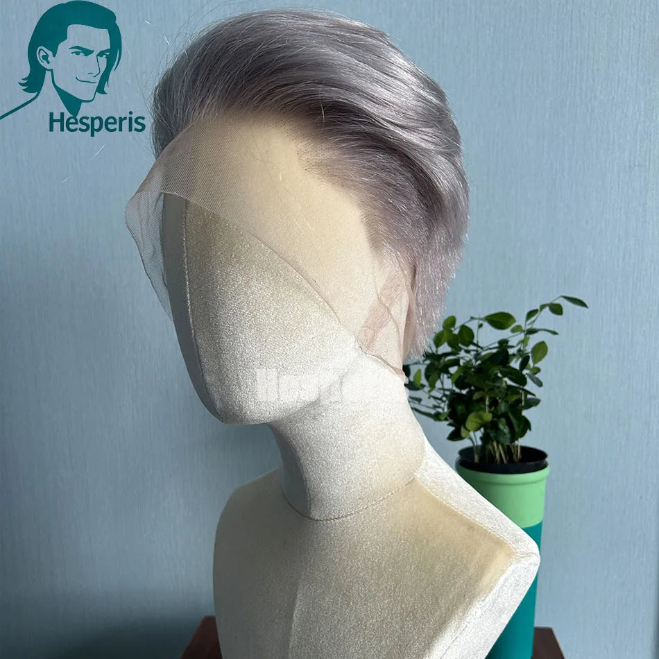 Grey Short Pixie Cut Human Hair Full Lace Wig for Men, Pre-Plucked