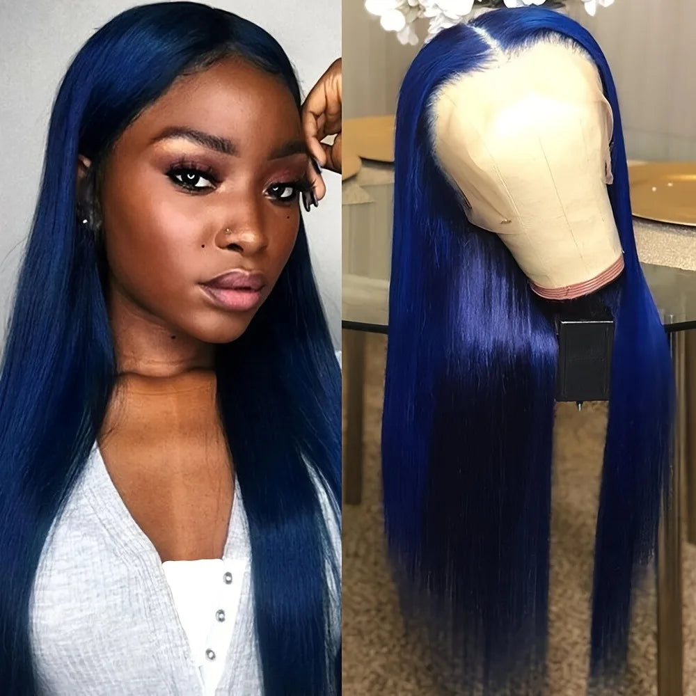 Midnight Blue Wig Long Straight Lace Fornt, 13x4 HD Glueless Synthetic Blend