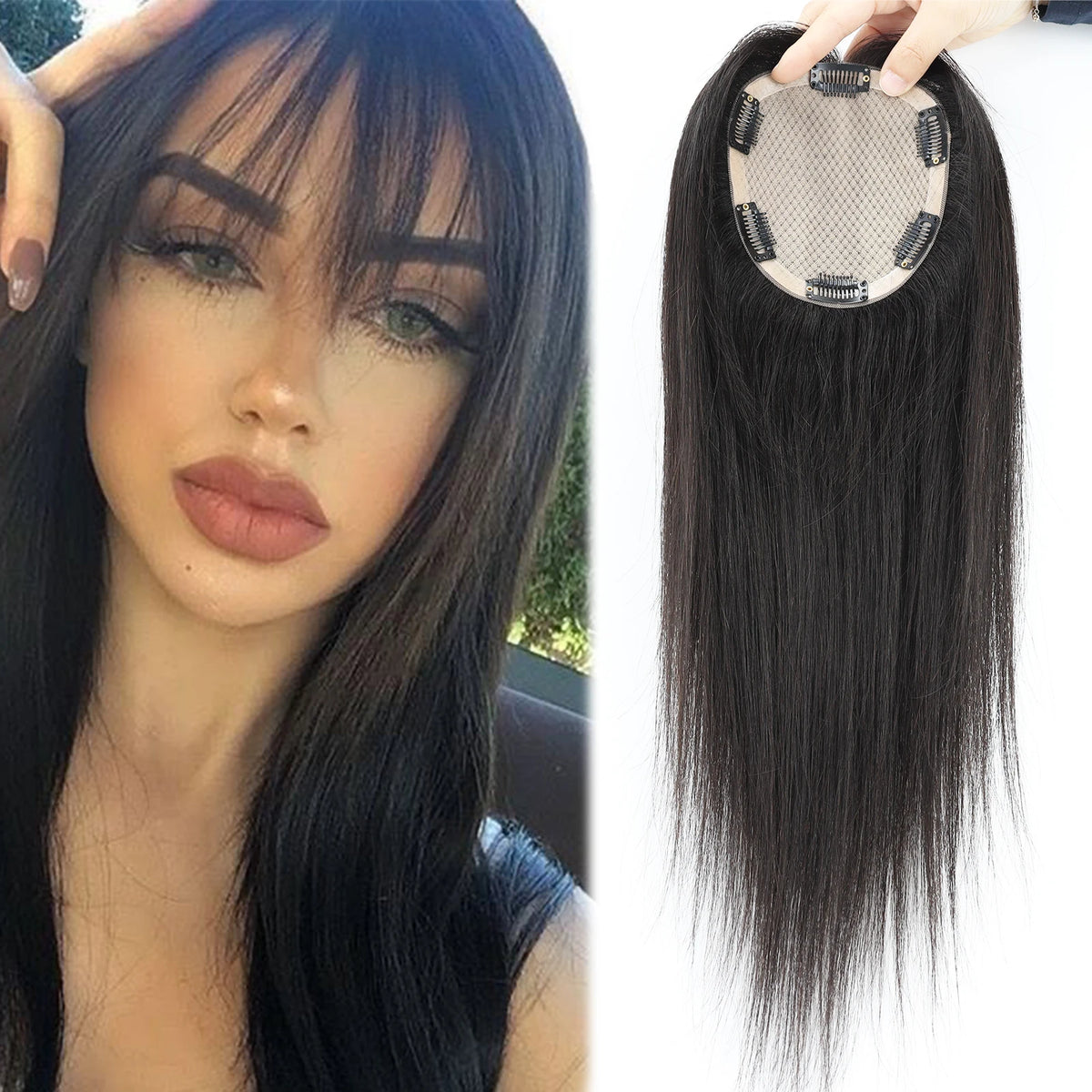 Full Hand Tied Topper Bangs Real Remy Human Hair 12x14cm Silk Top
